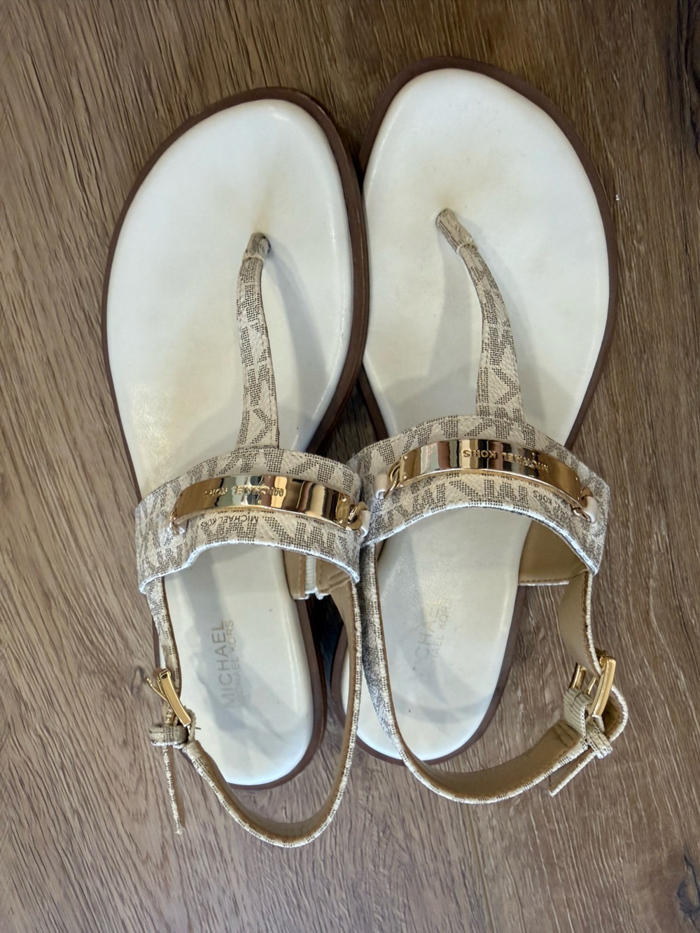 Michael Kors White and Gold Logo T-Strap Sandals